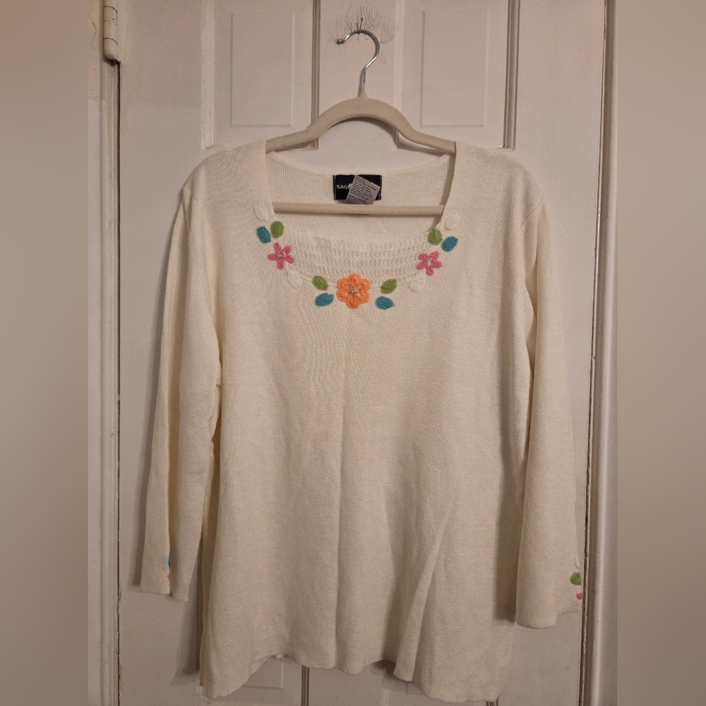 Sag Harbor Cream Sweater with Floral Accents